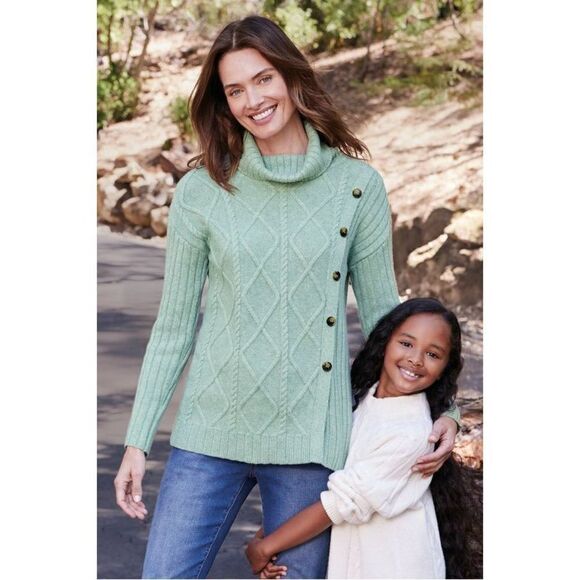 SOFT SURROUNDINGS AUDETTE CABLE KNIT SIDE BUTTON GREEN COWL NECK SWEATER LARGE - Picture 5 of 5